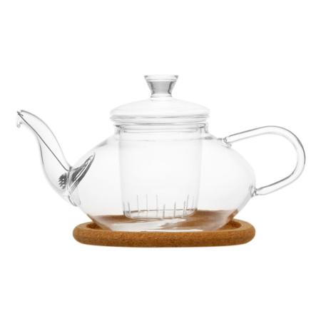 Заварочный чайник из жаропрочного стекла "Жасмин" с колбой, пружинкой-фильтром в носике и пробковой подставкой, 500 мл, дно d70 мм